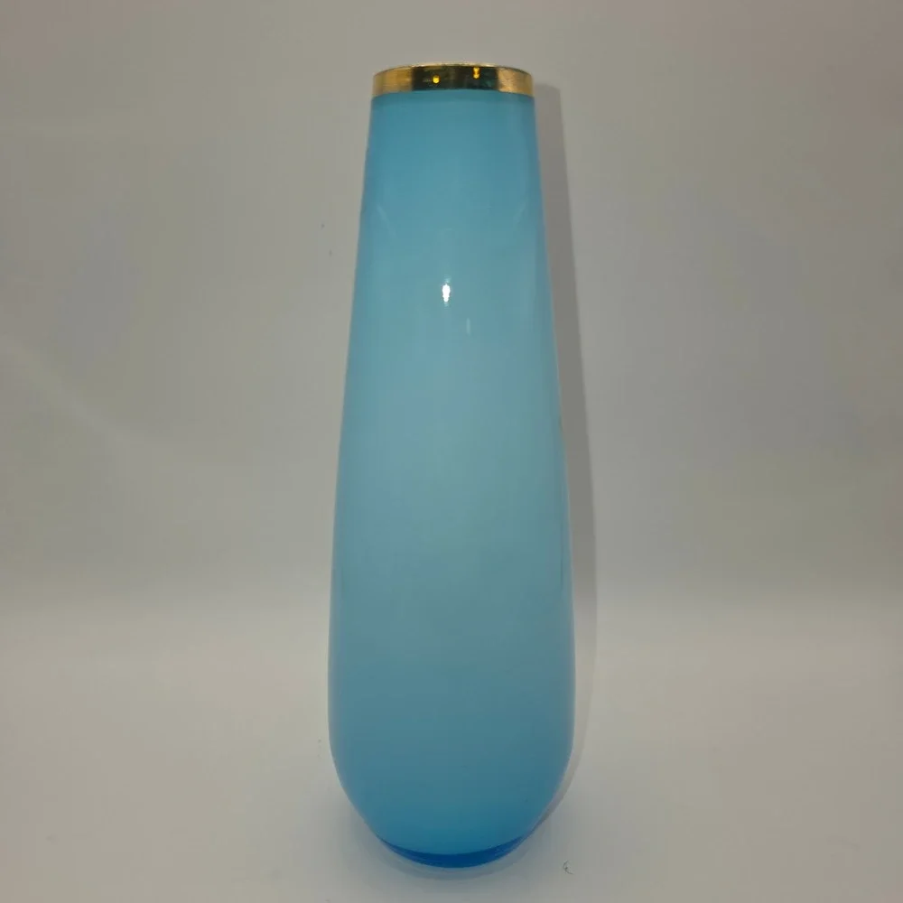 Vintage Satin Frosted Blue Glass‎ Bud Vase White Rose Gold Leaf Floral MCM 10in